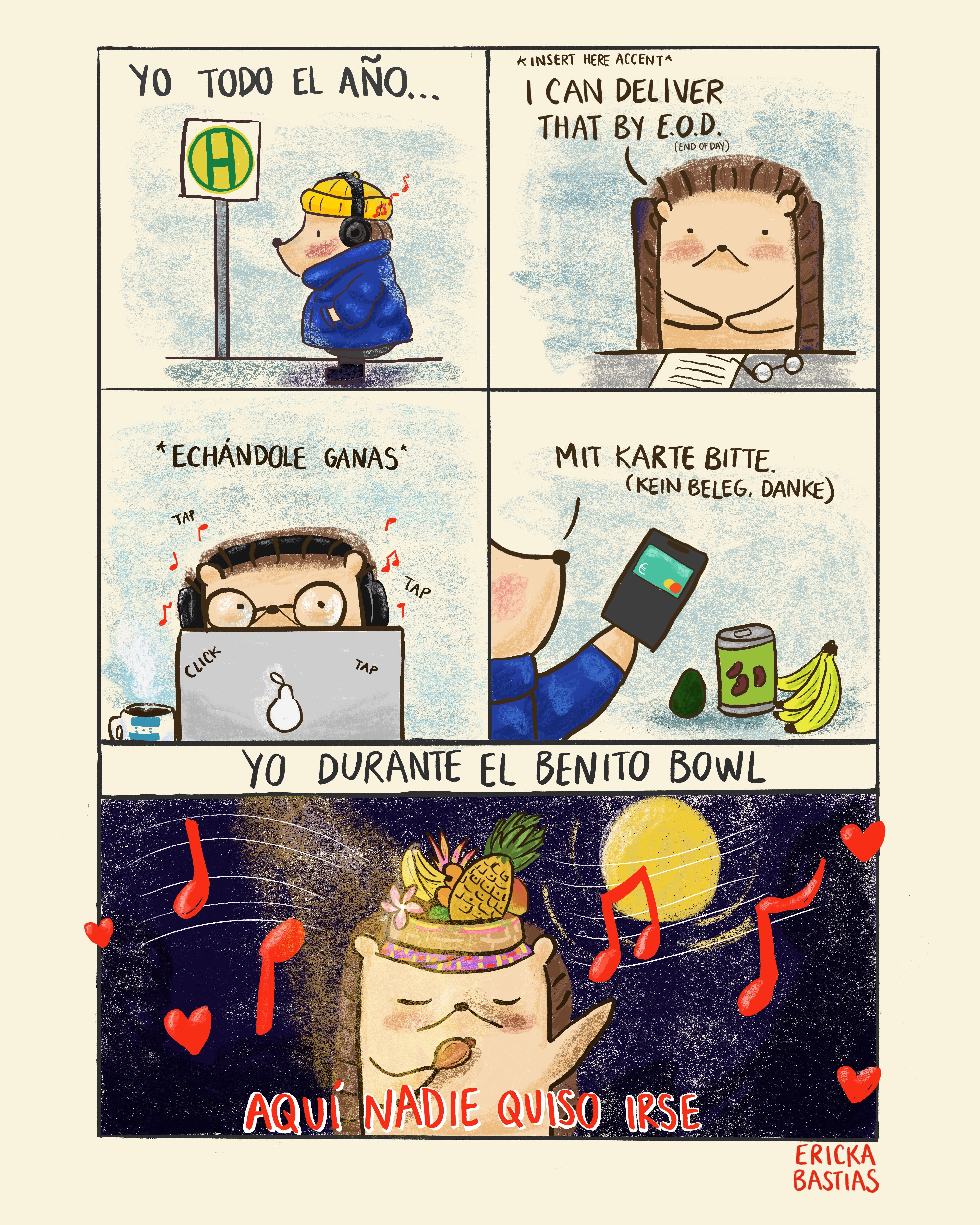 Comic sobre un puercoespín latino viviendo en Alemania y celebrando el show de Super Bowl Show de Bad Bunnt.